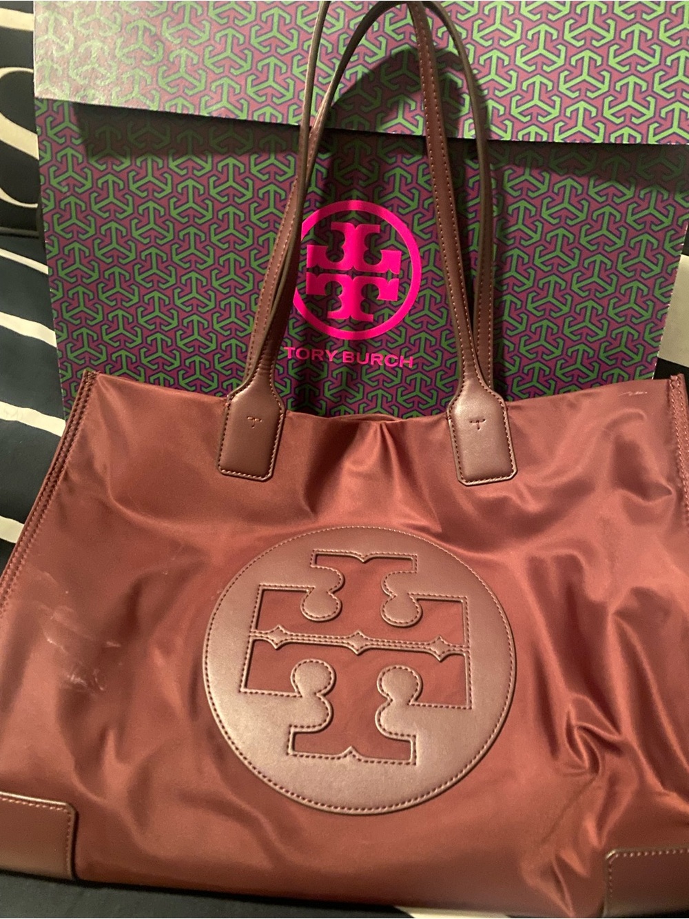 Tory Burch Maroon Nylon Logo Tote